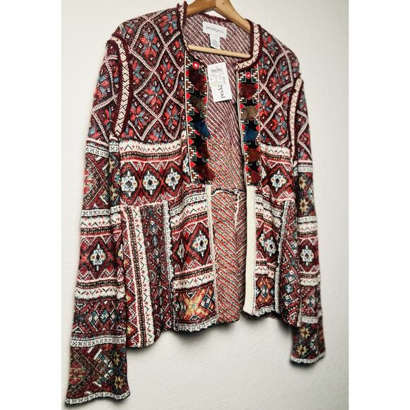 NEW Peck & Peck Wool Blend Tapestry Sweater Cardigan Sz L Tassel Hook Close Boho - Picture 6 of 14